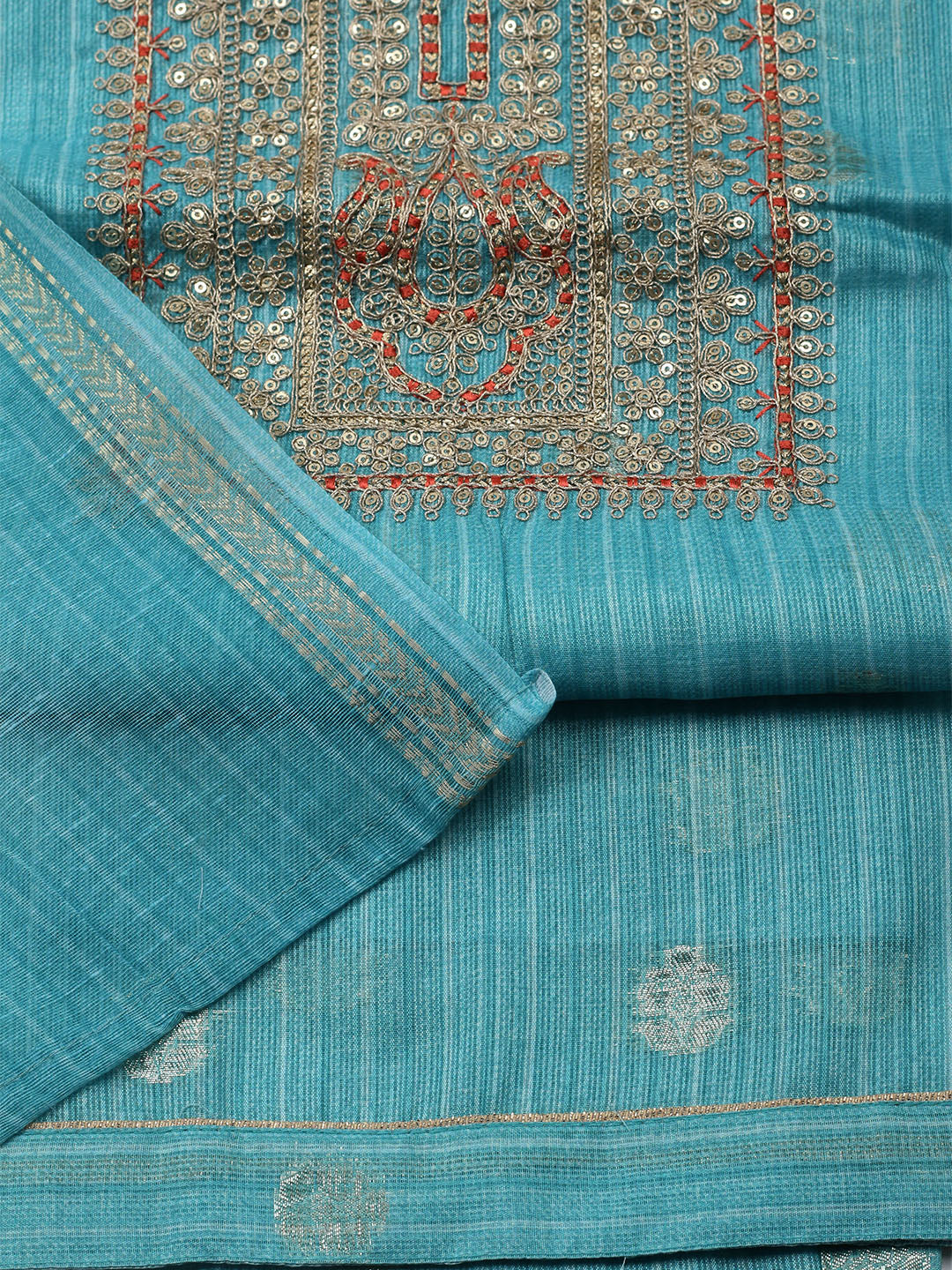 Embroidered Chanderi Unstitched Kurta With Pant & Dupatta