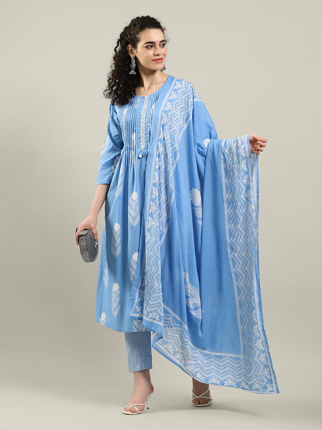 Printed Cotton Blend Kurta With Pants & Dupatta