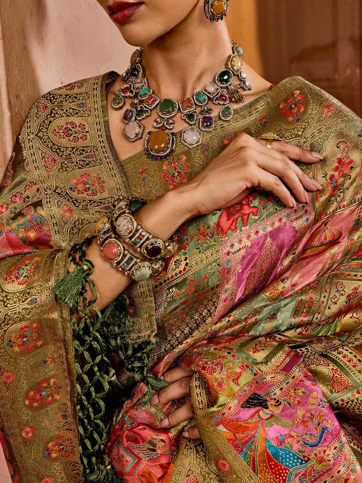 Mehndi Satin Woven Saree