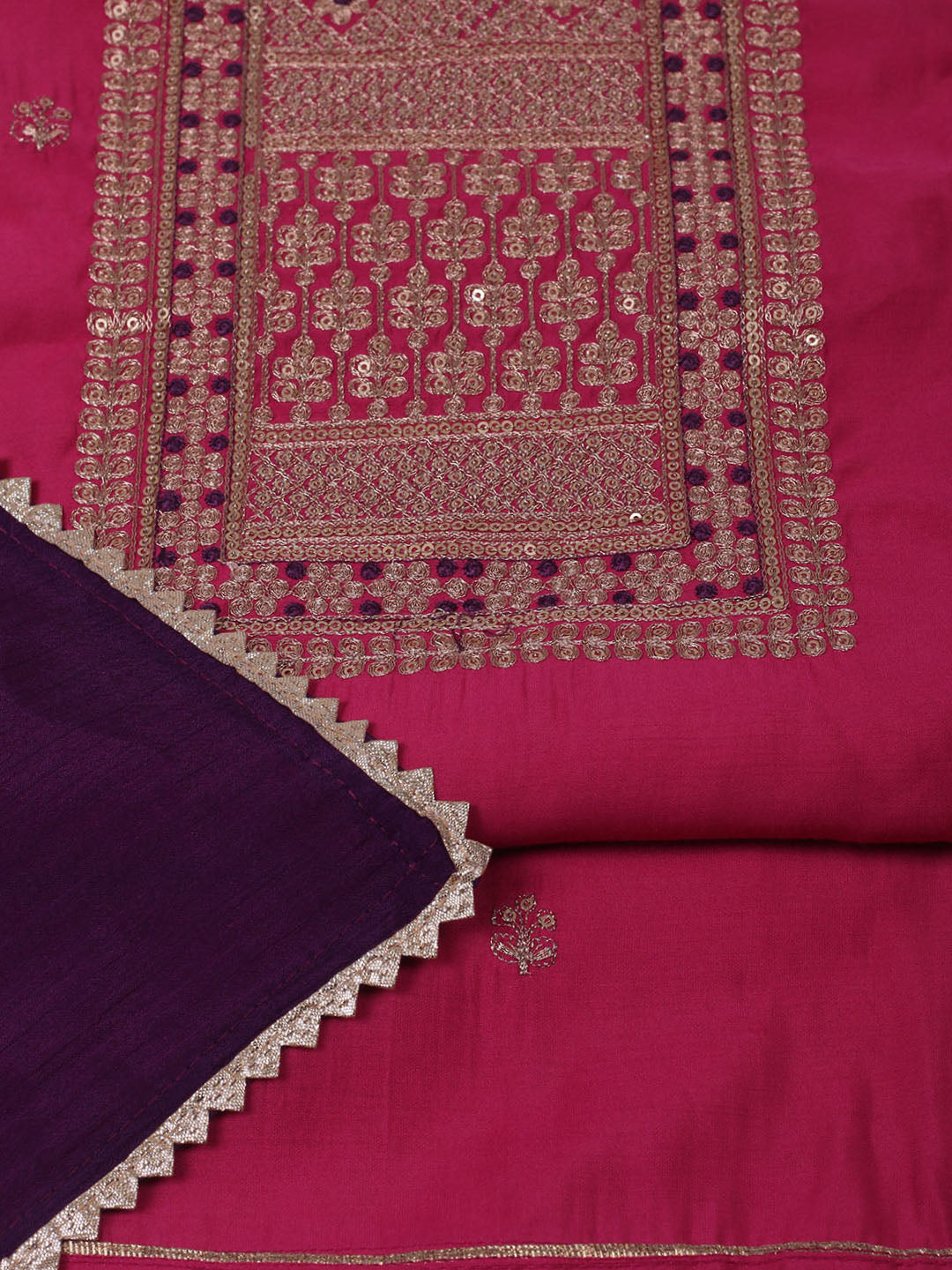 Neck Embroidered Chanderi Unstitched Suit Piece With Dupatta