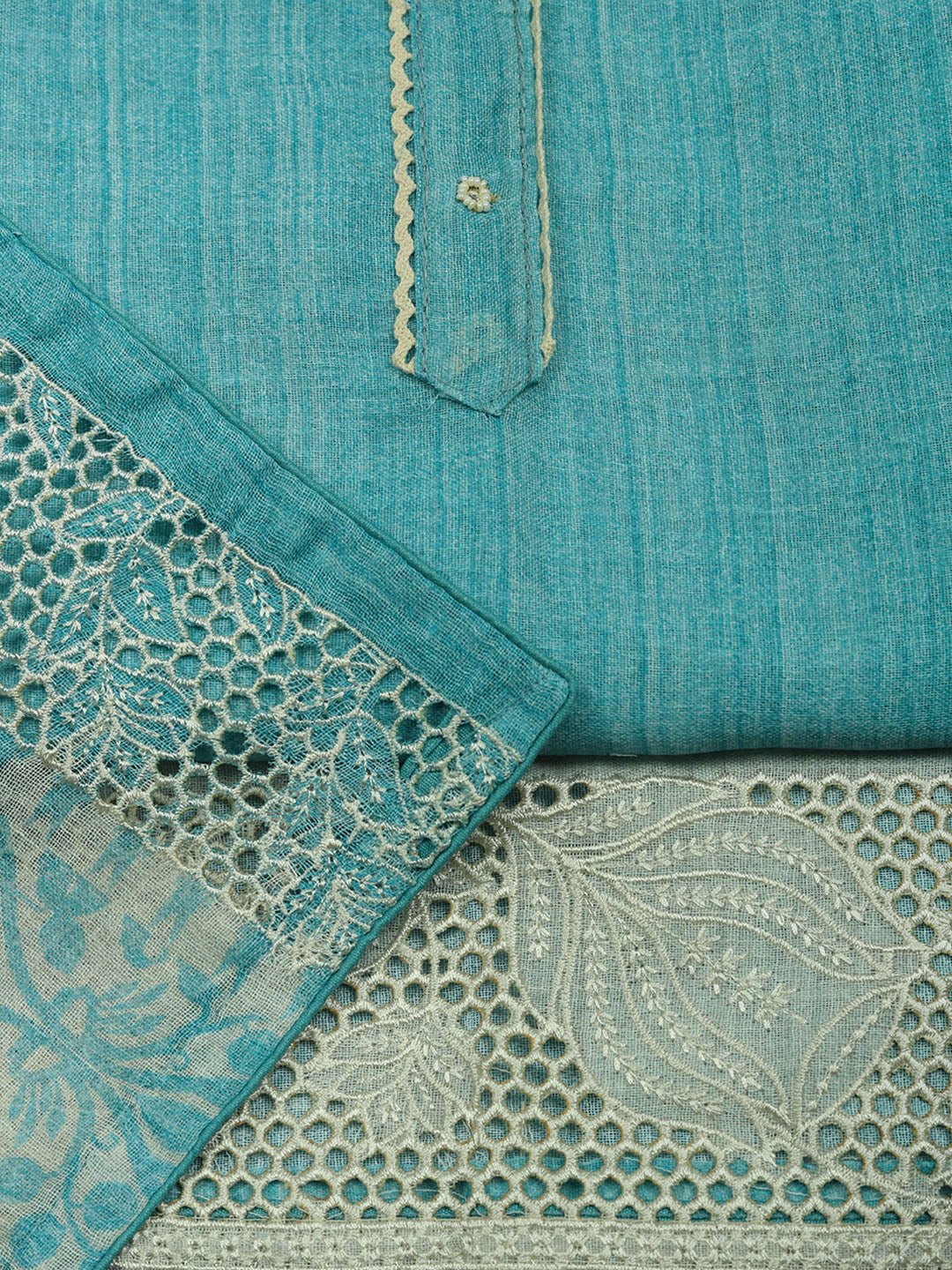 Embroidered Linen Blend Unstitched Suit With Pant &amp; Dupatta