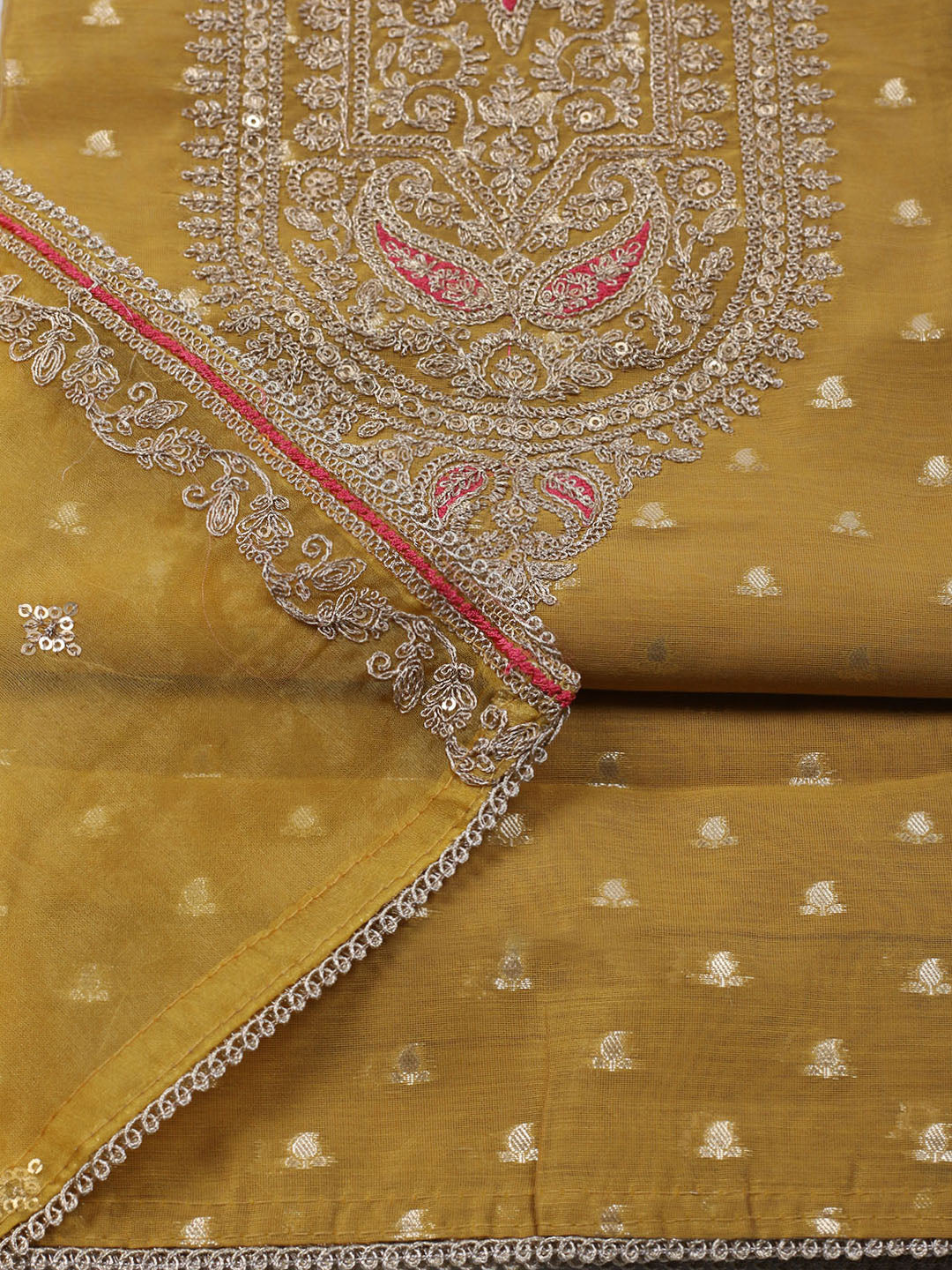 Neck Embroidered Chanderi Unstitched Suit With Dupatta