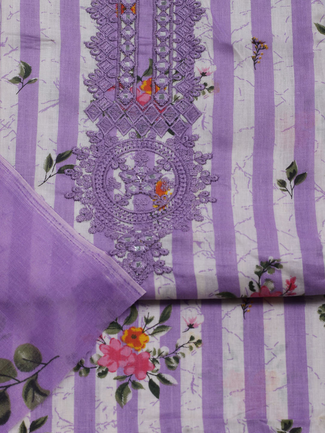 Patch Neck Cotton Blend Unstitched Suit With Dupatta