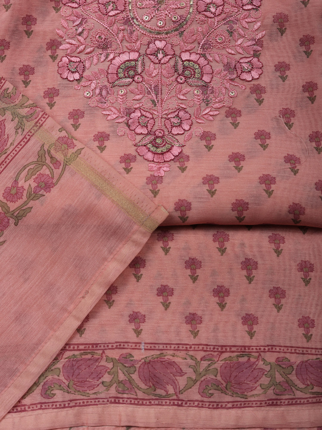 Embroidered Cotton Blend Unstitched Suit With Pant &amp; Dupatta