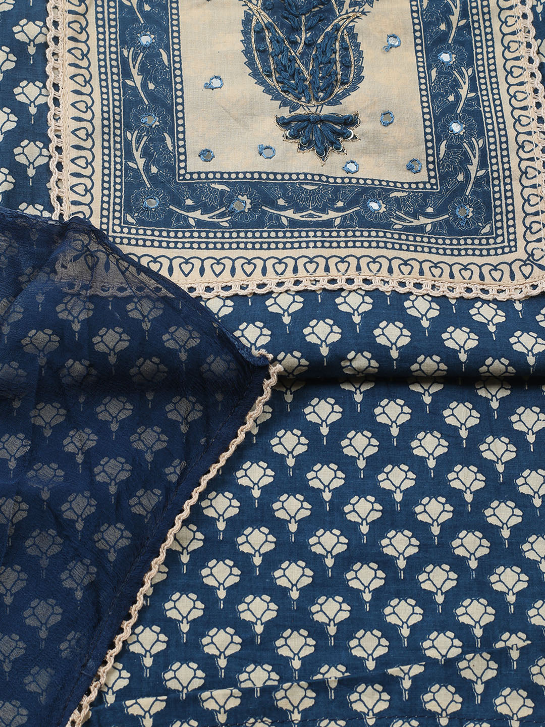 Embroidered Cotton Blend Unstitched Suit With Pant &amp; Dupatta