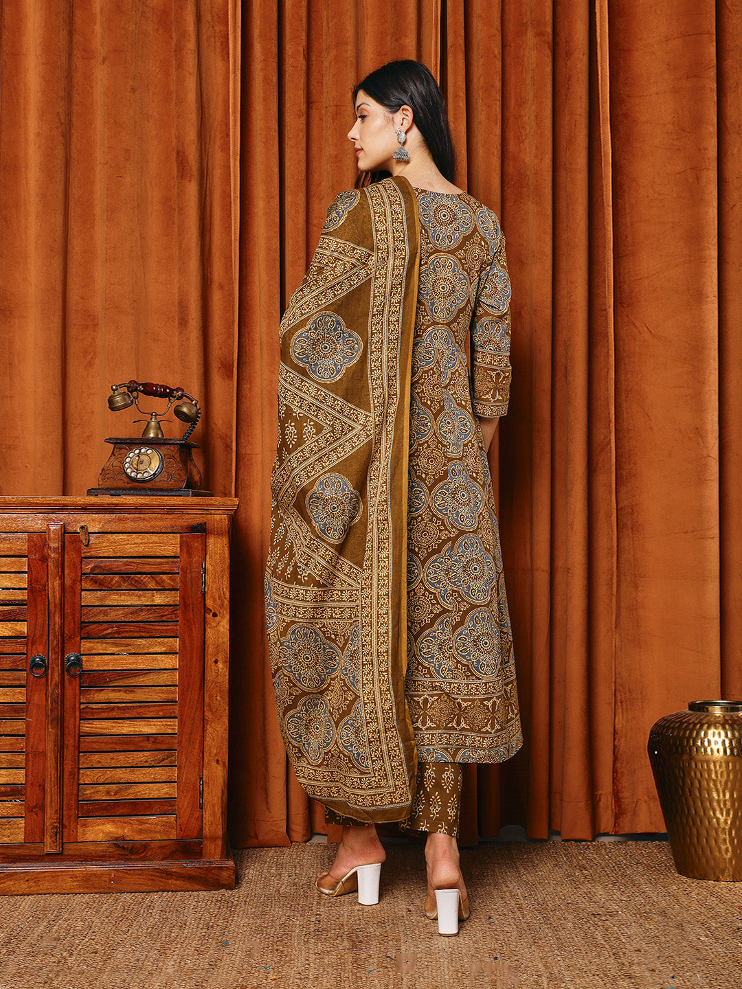Printed Cotton Blend Kurta With Pants & Dupatta