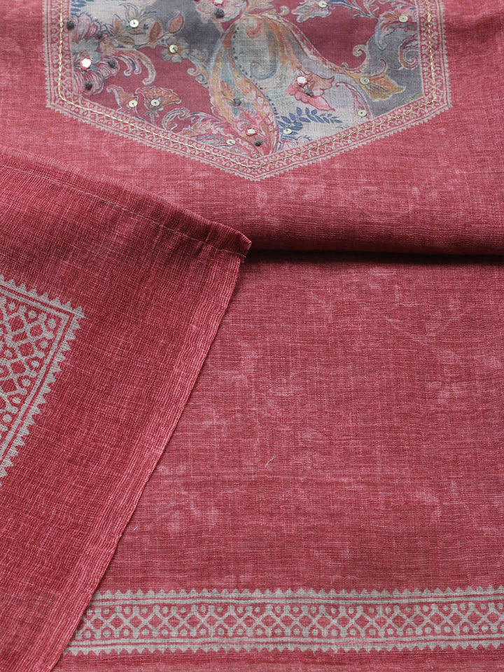 Embroidered Linen Blend Unstitched Suit With Pant &amp; Dupatta