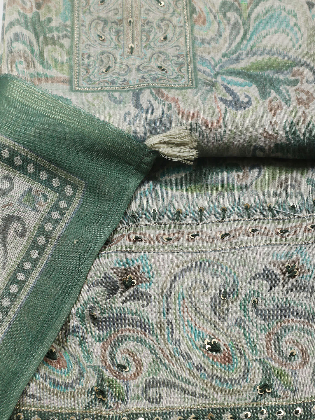Embroidered Linen Blend Unstitched Suit With Pant &amp; Dupatta