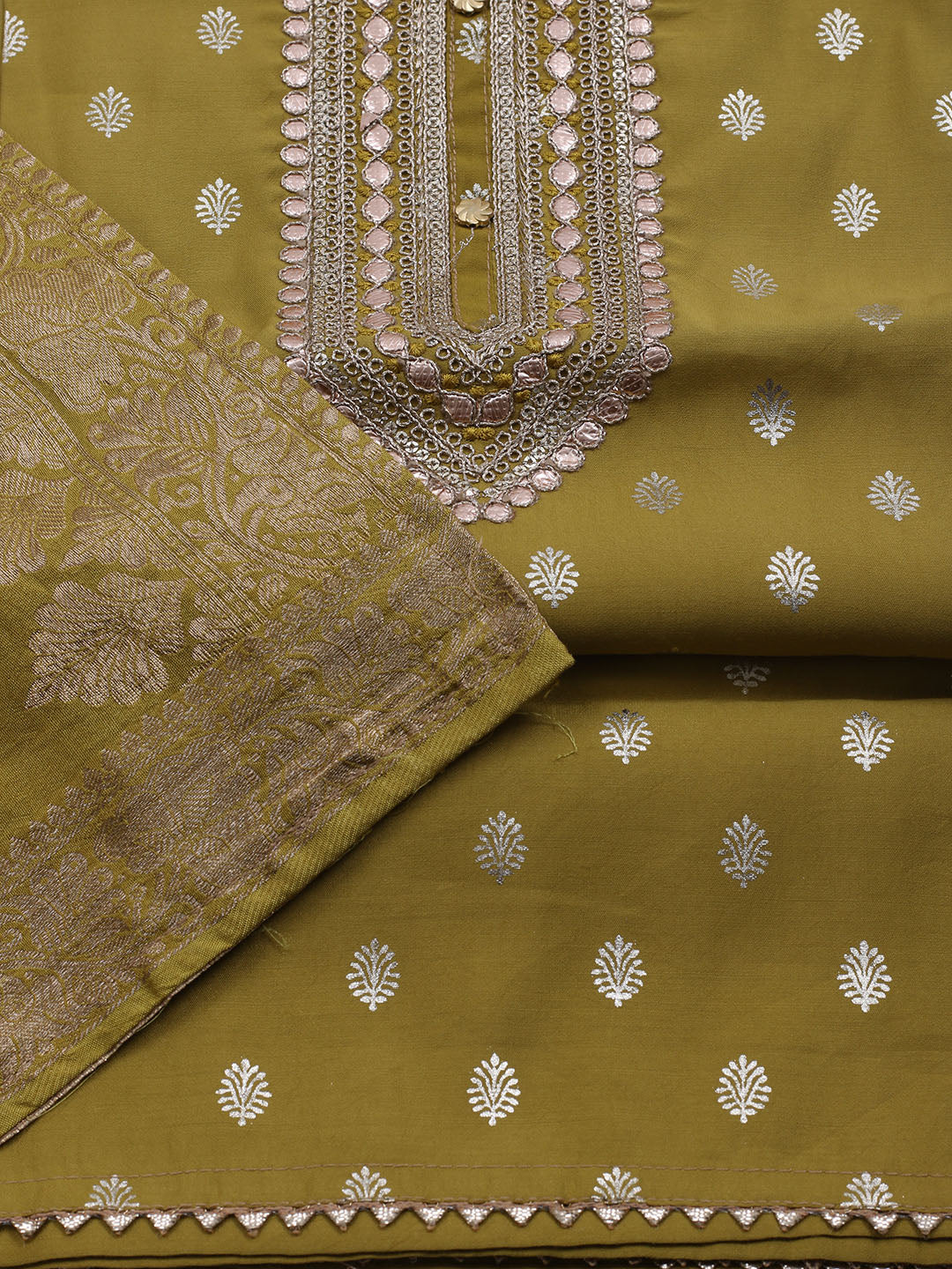 Neck Embroidered Chanderi Unstitched Suit With Dupatta