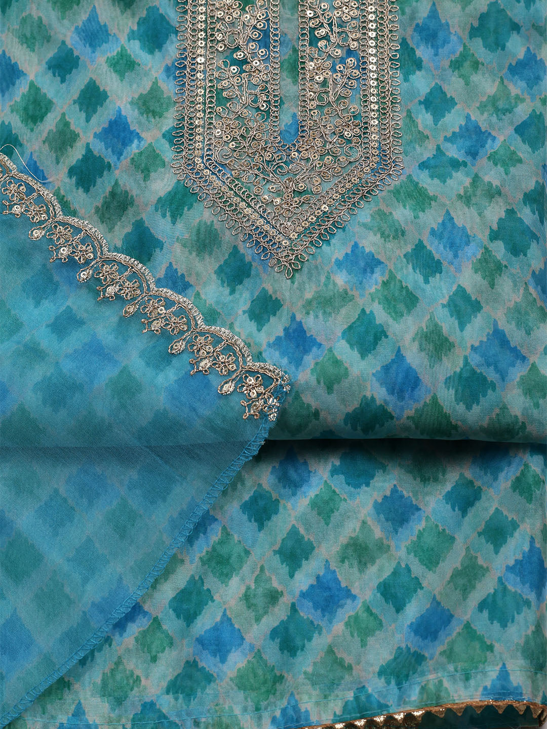 Neck Embroidered &amp; Printed Organza Unstitched Suit With Dupatta