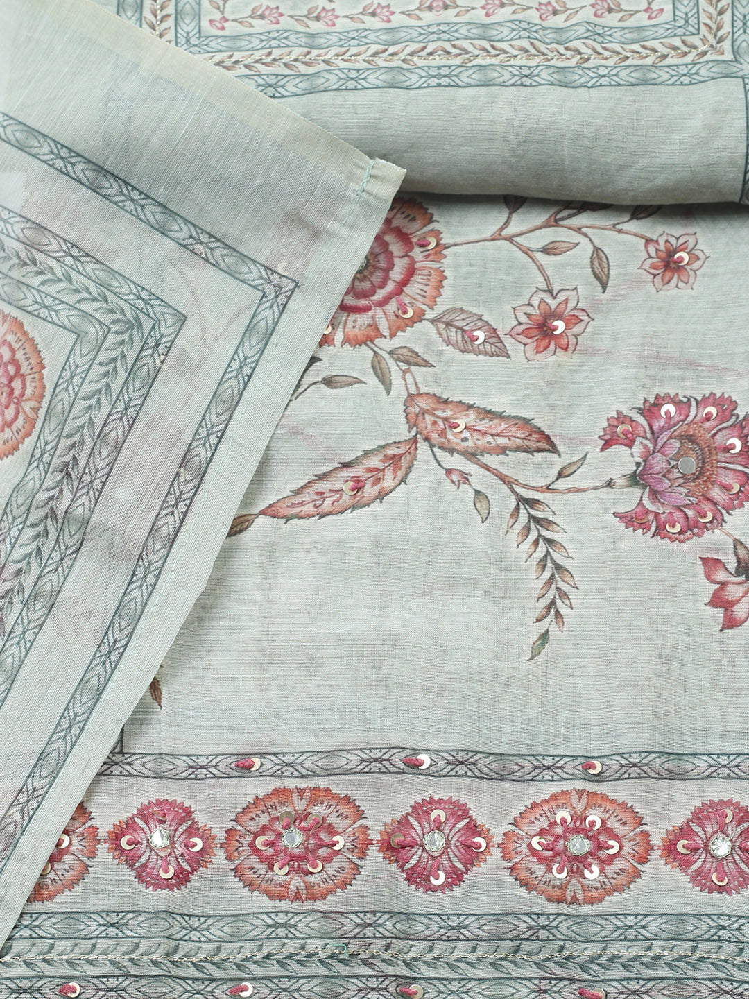 Embellished Chanderi Unstitched Suit With Pant &amp; Dupatta