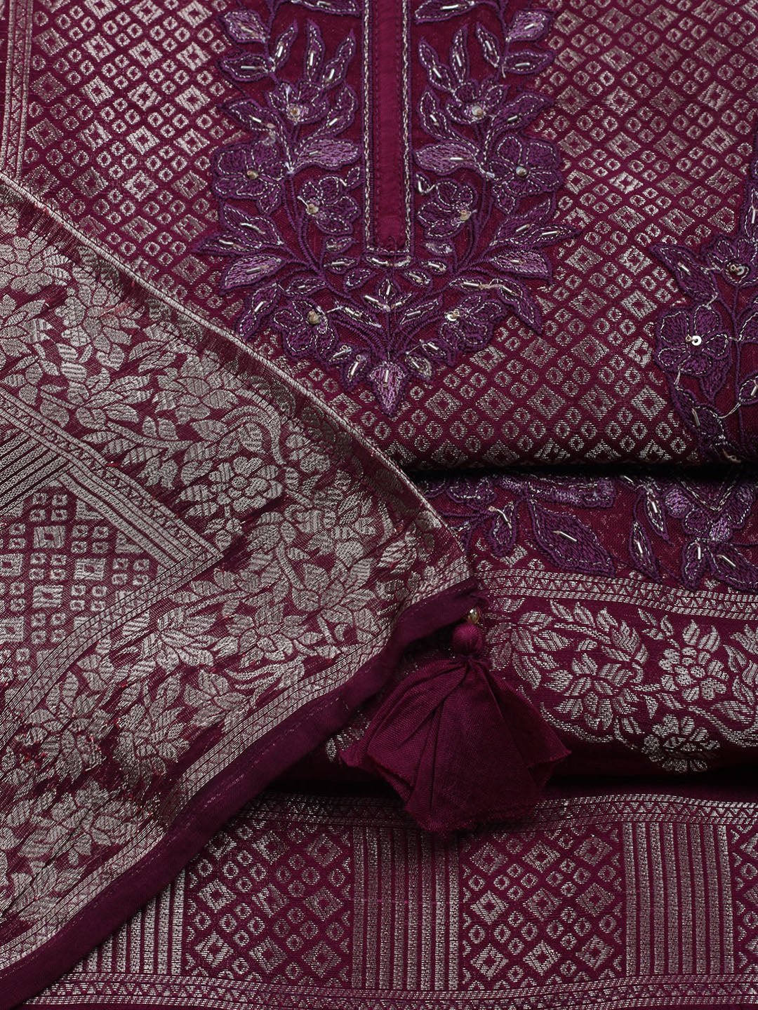 Embroidered Art Silk Unstitched Suit With Dupatta