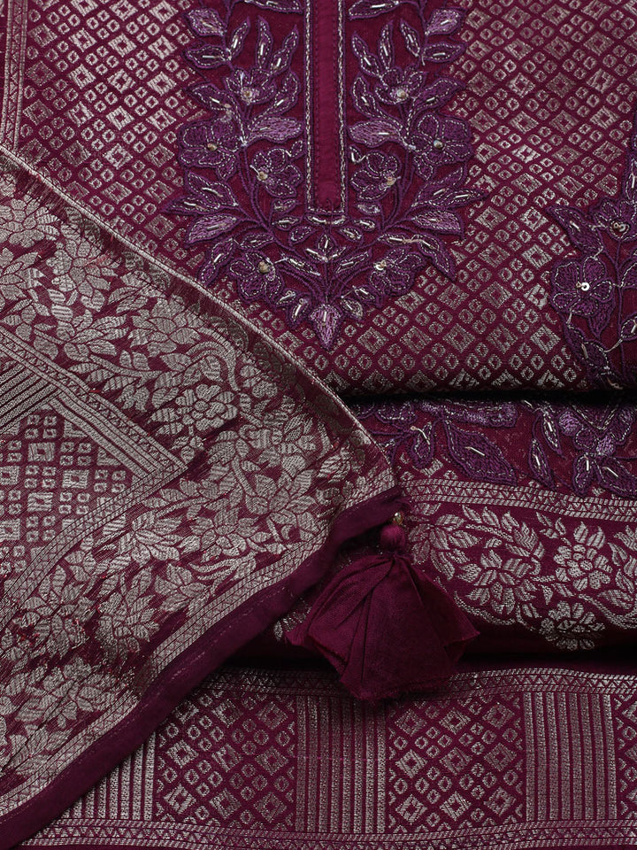 Embroidered Art Silk Unstitched Suit With Dupatta