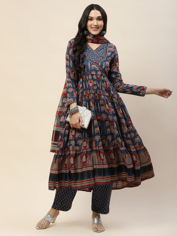 Floral Printed Anarkali Kurta With Pants & Dupatta