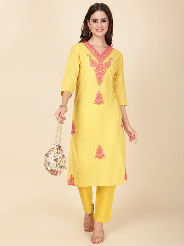 Printed & Neck Embroidered Cotton Kurta Set