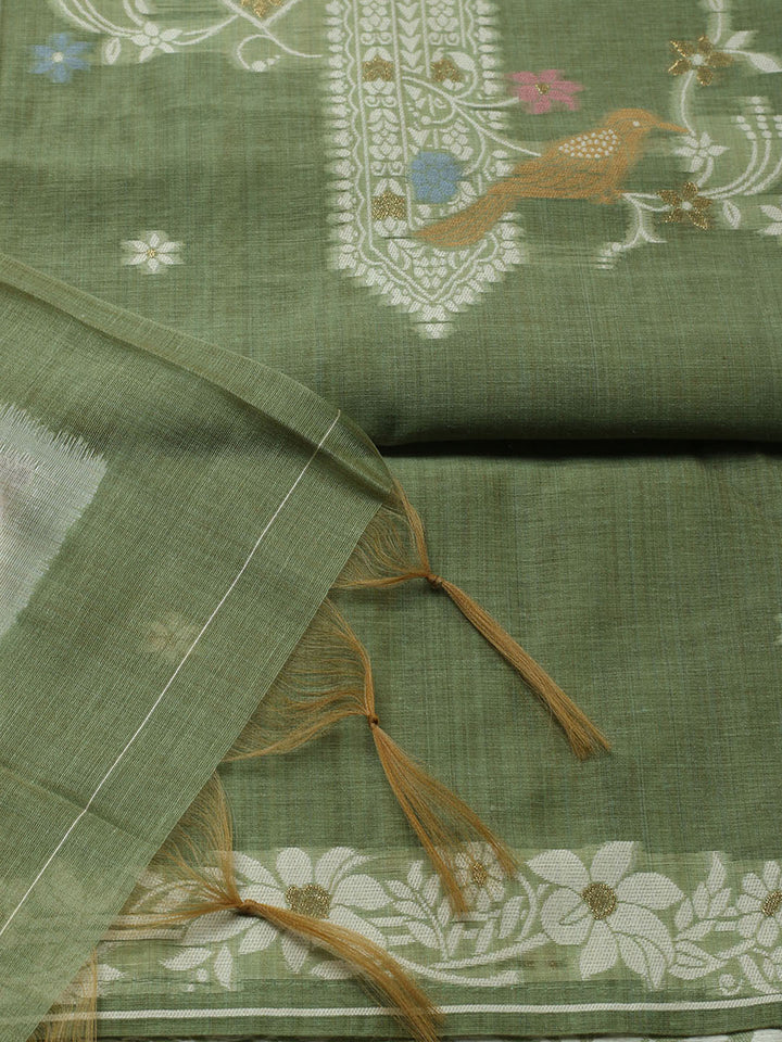 Printed Chanderi Unstitched Suit With Pant &amp; Dupatta