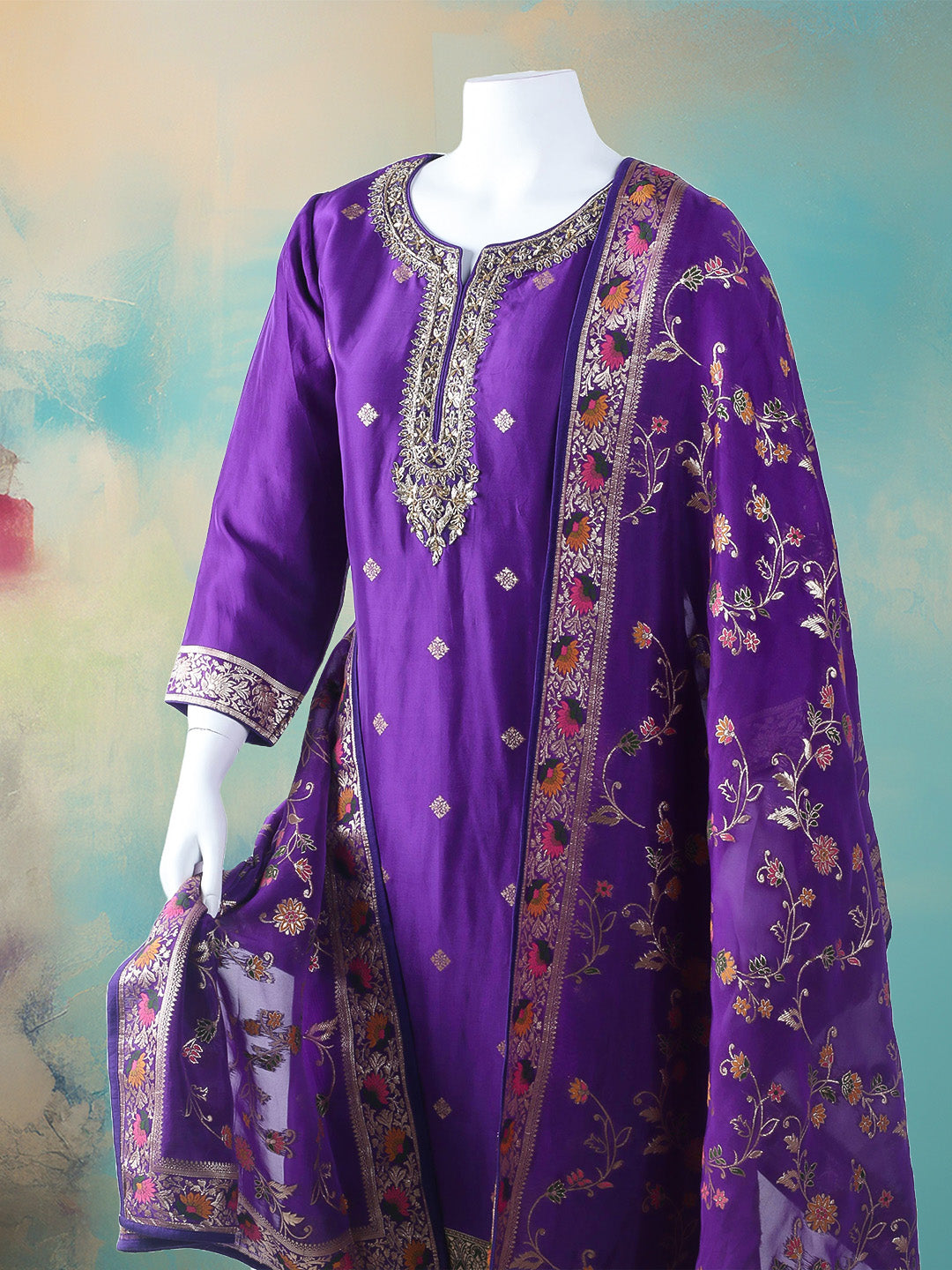 Embroidered Cotton Blend Stitched Kurta With Pant &amp; Dupatta