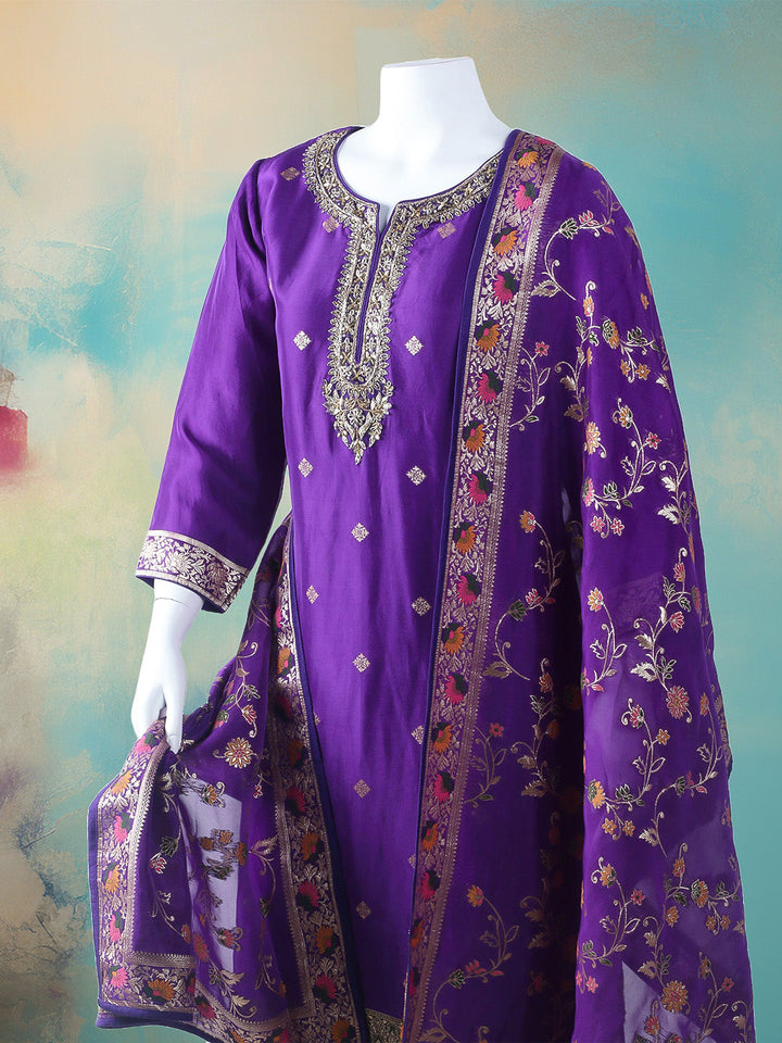 Embroidered Cotton Blend Stitched Kurta With Pant &amp; Dupatta