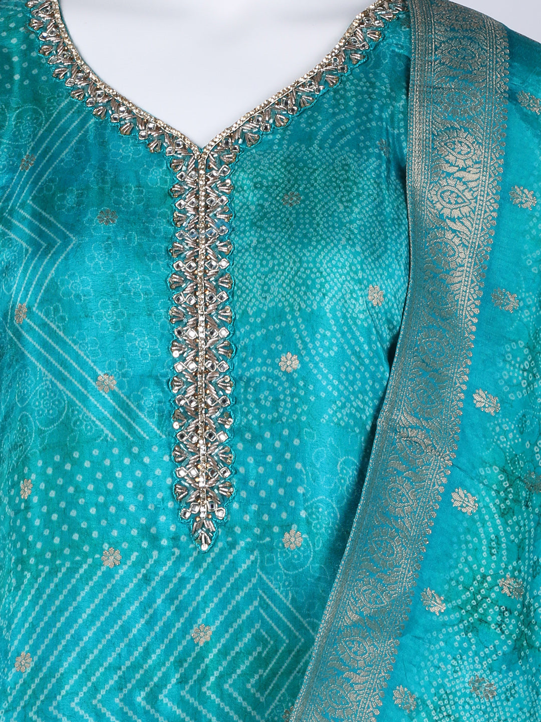 Bandhani Printed Art Silk Kurta With Pants & Dupatta