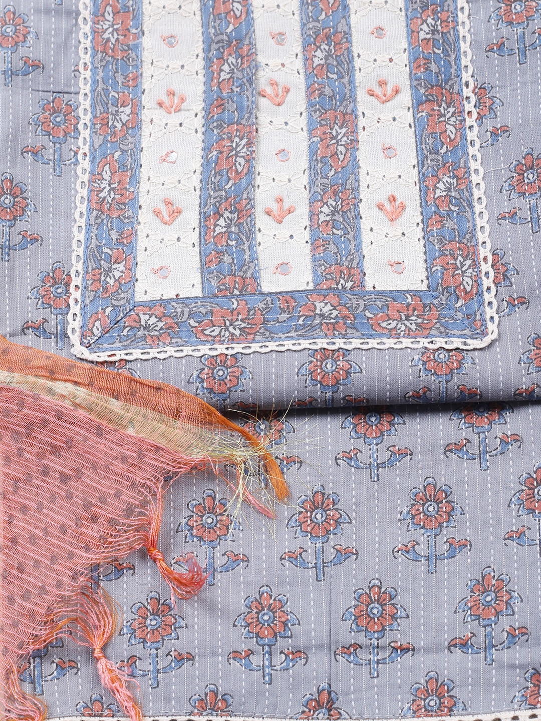 Printed Cotton Blend Unstitched Suit With Pant &amp; Dupatta