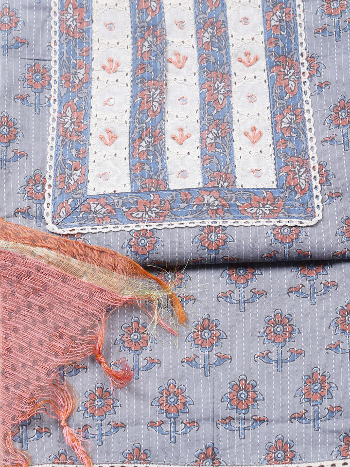 Printed Cotton Blend Unstitched Suit With Pant &amp; Dupatta