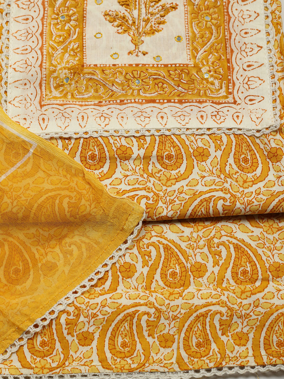 Printed Cotton Blend Unstitched Suit With Pant &amp; Dupatta