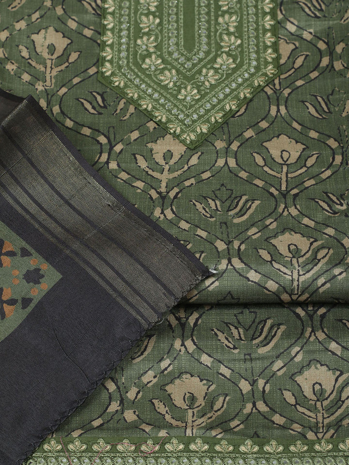 Embroidered Chanderi Unstitched Suit With Pant &amp; Dupatta