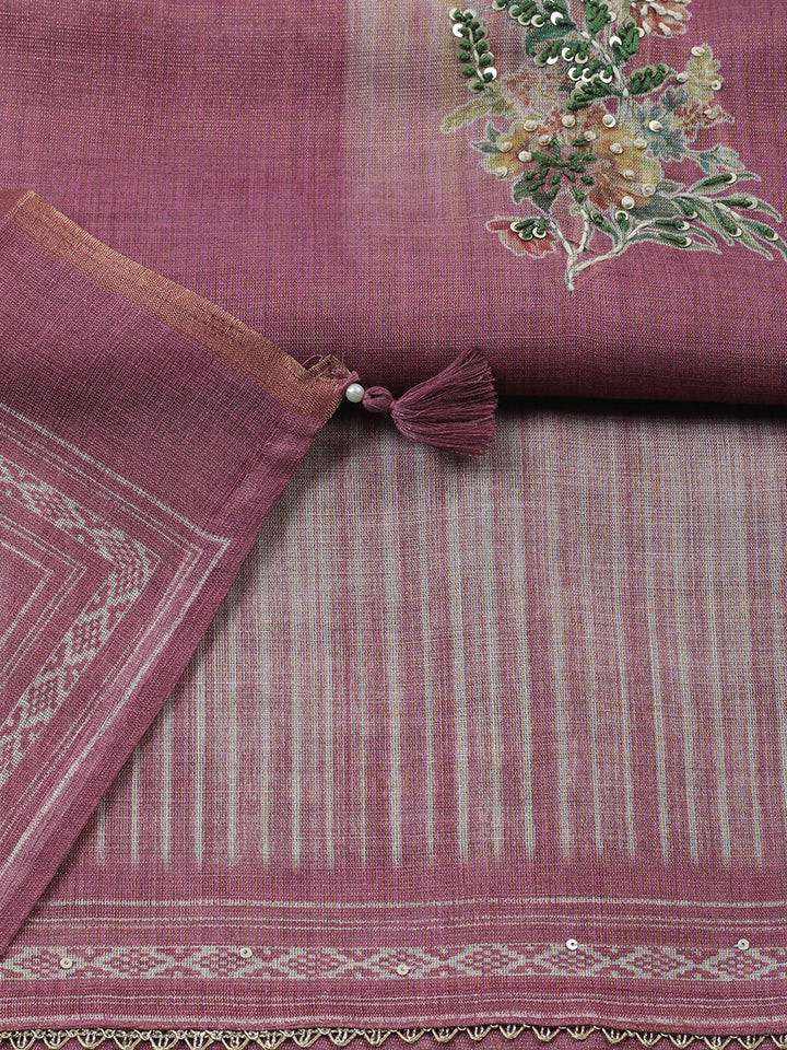 Printed Linen Blend Unstitched Suit With Pant &amp; Dupatta