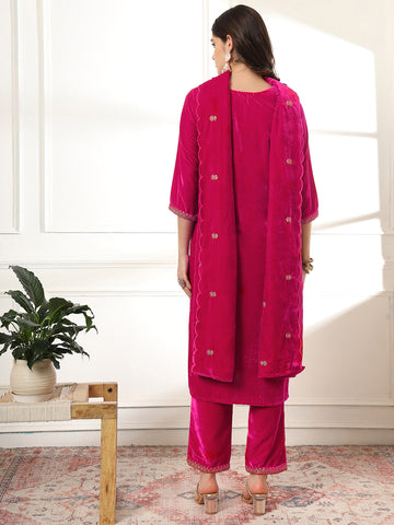 Zari Neck Embroidered Velvet Kurta With Pants & Dupatta