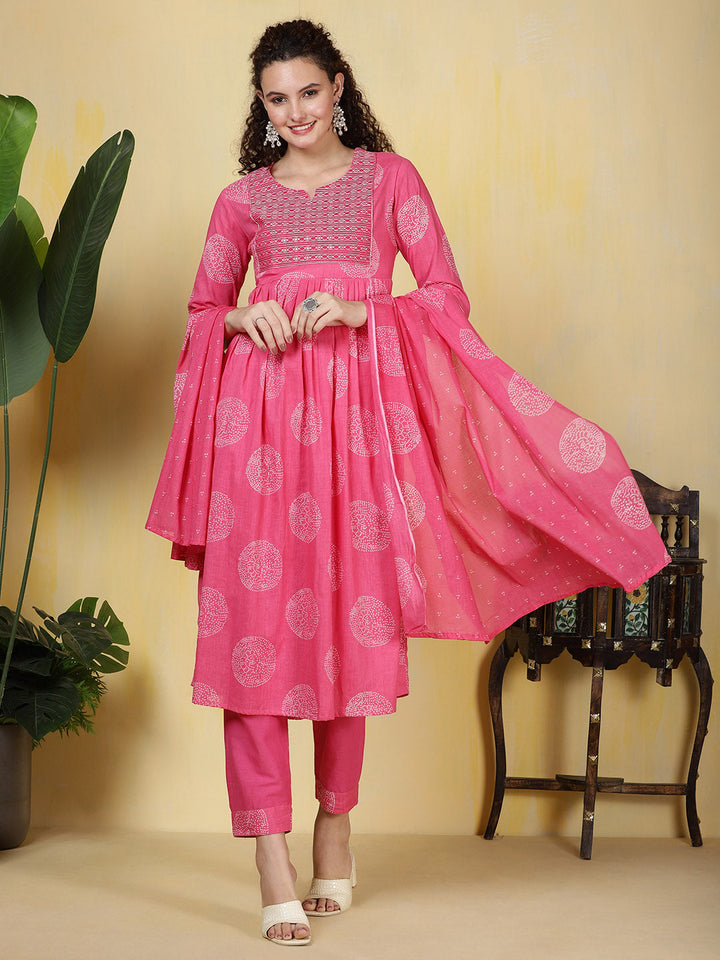 Printed Cotton Blend Kurta With Pants &amp; Dupatta