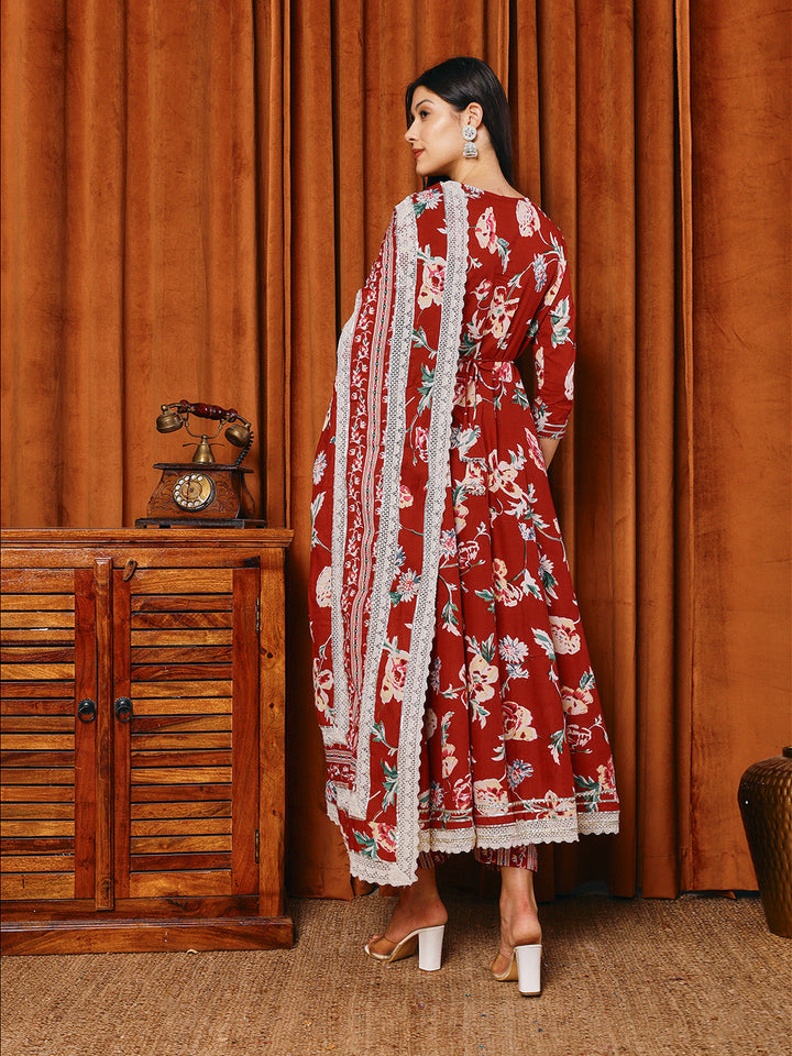 Printed Cotton Blend Kurta With Pants &amp; Dupatta