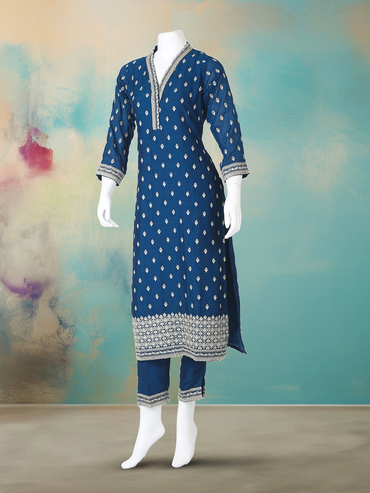 Embroidered Art Silk Kurta With Pant &amp; Dupatta