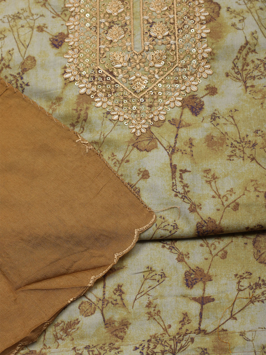 Embroidered Cotton Blend Unstitched Kurta With Pant & Dupatta