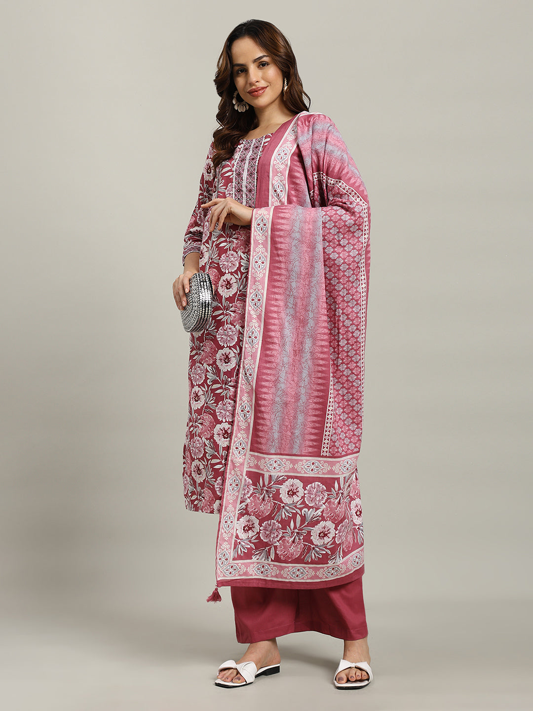 Floral Parinted Cotton Blend Kurta With Pants & Dupatta