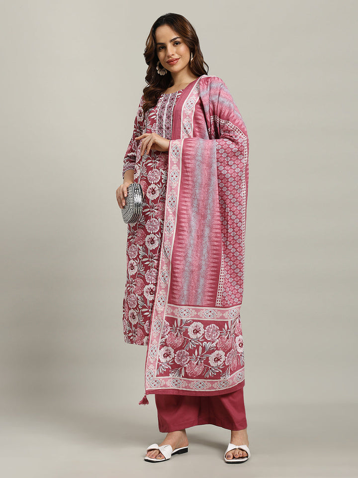 Floral Parinted Cotton Blend Kurta With Pants &amp; Dupatta
