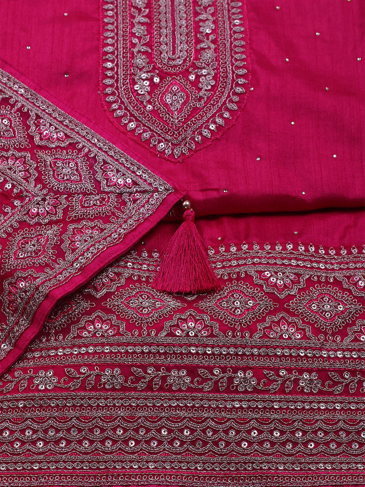 Neck Embroidered Chanderi Unstitched Suit With Dupatta