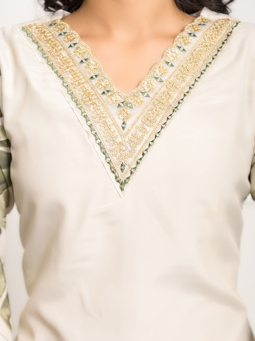 Neck Embroidered Crepe Kurta With Pants &amp; Dupatta
