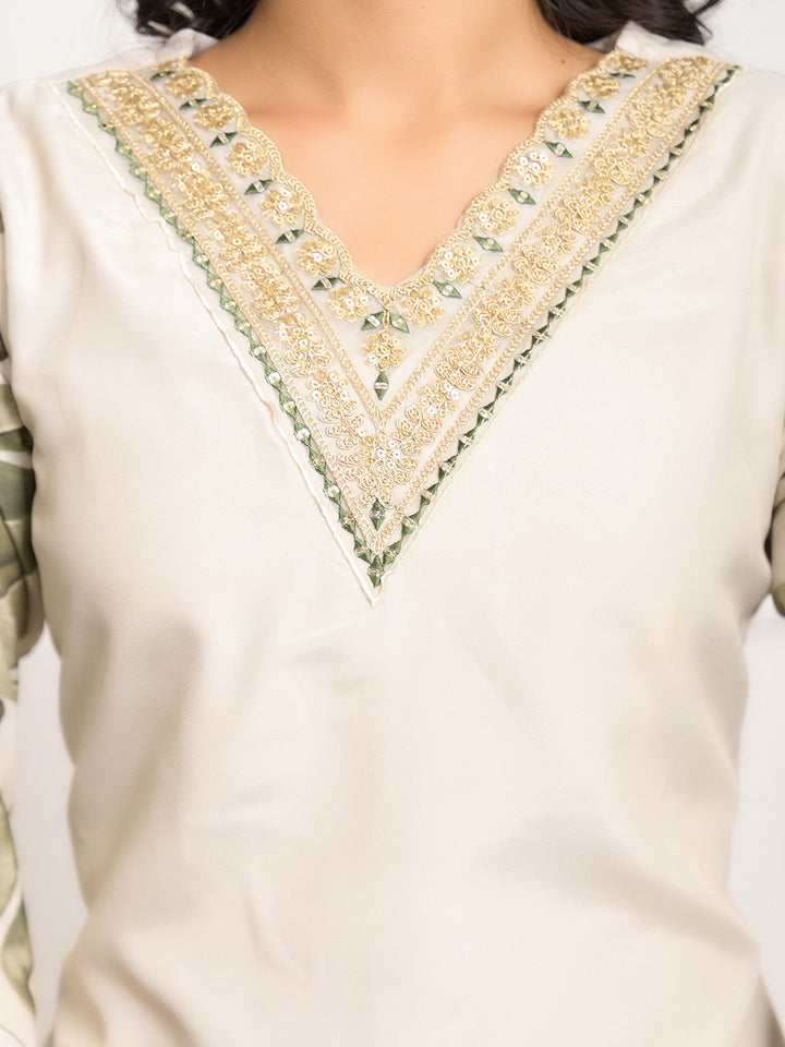 Neck Embroidered Crepe Kurta With Pants &amp; Dupatta