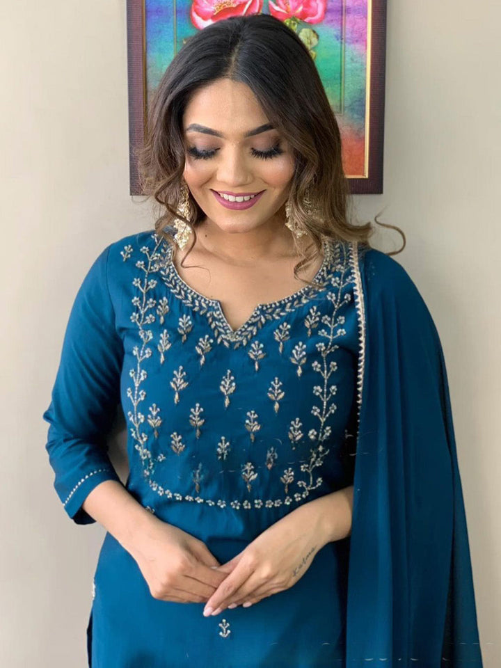 Neck Embroidery Cotton Blend Kurta With Pants &amp; Dupatta