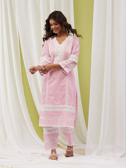Schiffli Embroidery Cotton Kurta With Pants