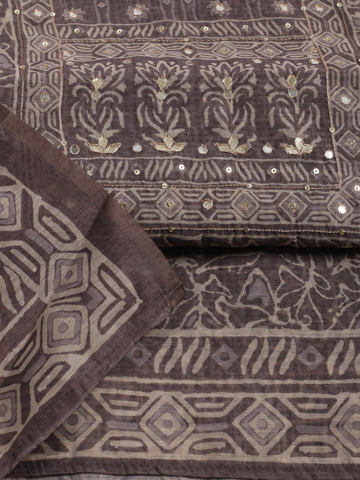 Embroidered Chanderi Unstitched Suit With Pant &amp; Dupatta