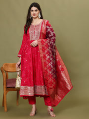 Neck Embroidery Handloom Kurta With Pants & Dupatta