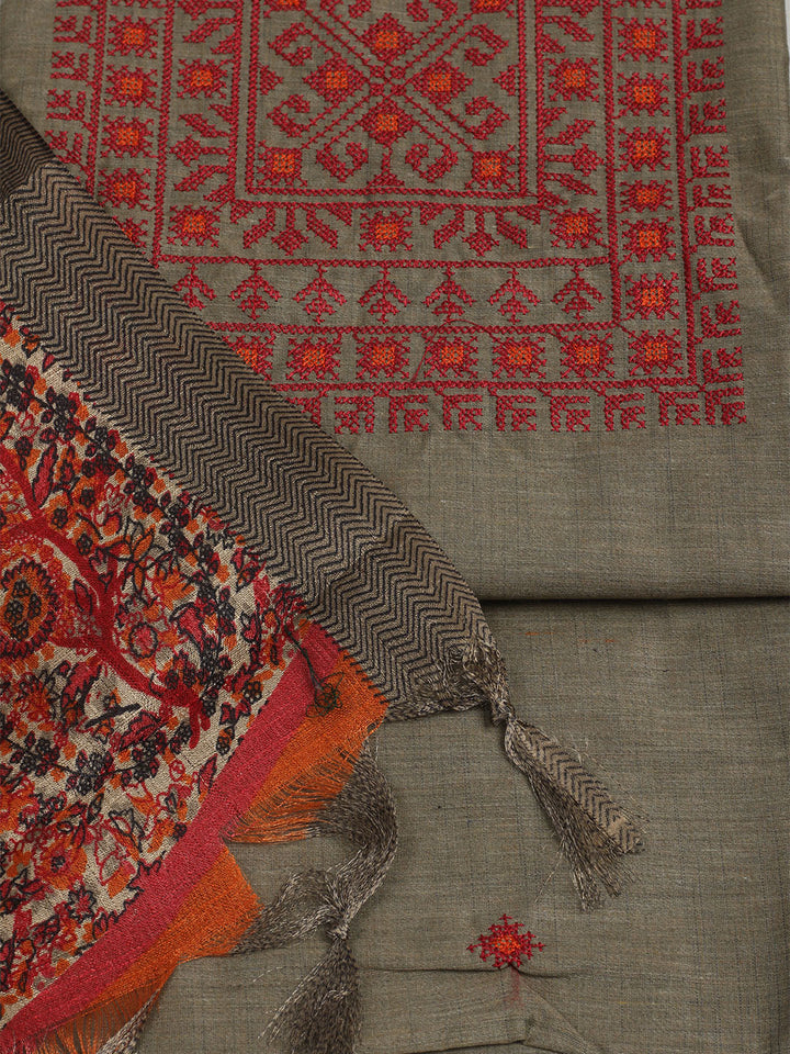 Embroidered Chanderi Unstitched Suit With Pant &amp; Dupatta