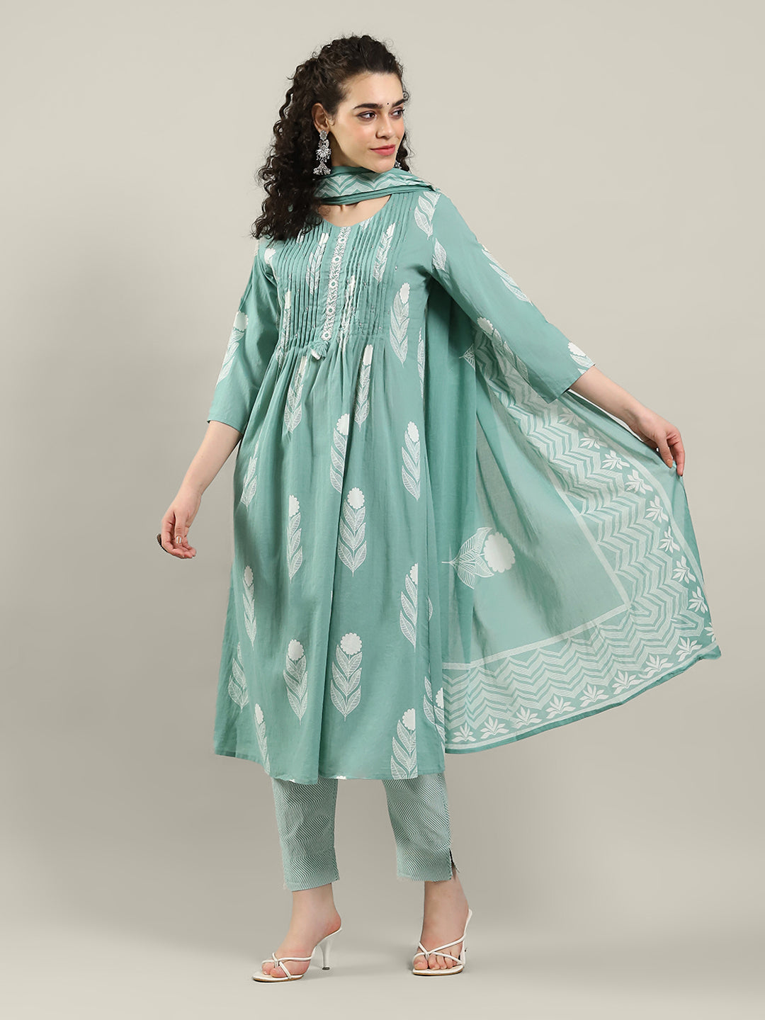Printed Cotton Blend Kurta With Pants & Dupatta