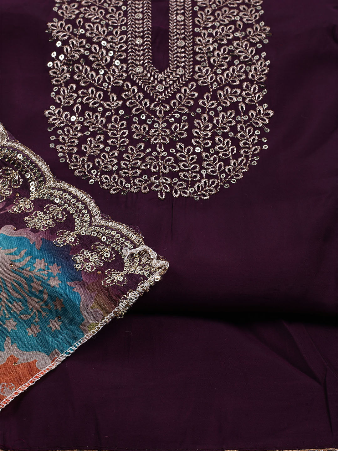 Neck Embroidered Chanderi Unstitched Suit With Dupatta