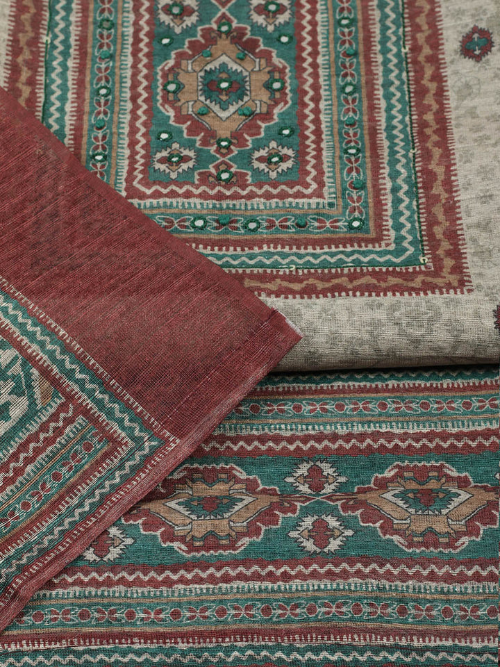 Printed Chanderi Unstitched Suit With Pant &amp; Dupatta