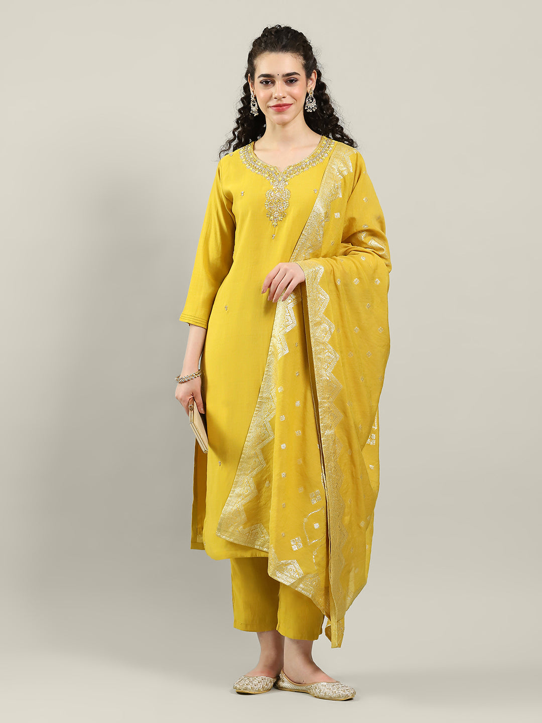 Printed Cotton Blend Kurta With Pants & Dupatta