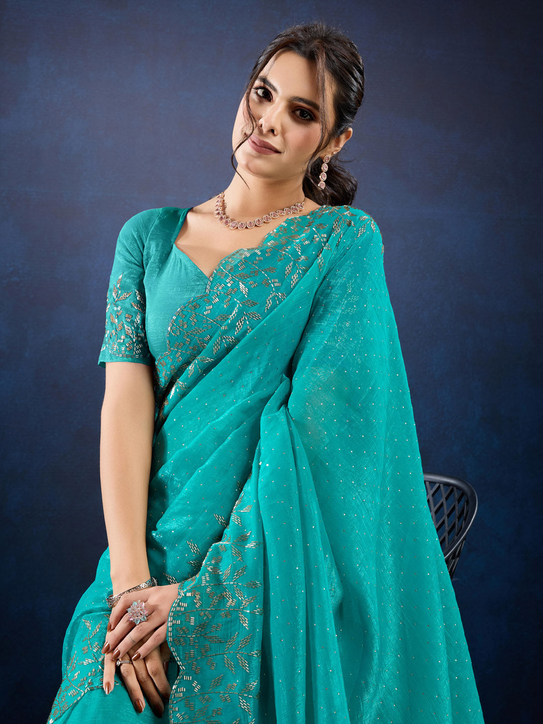 Stone Embroidery Chinon Saree