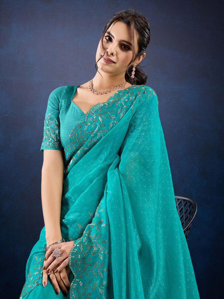 Stone Embroidery Chinon Saree
