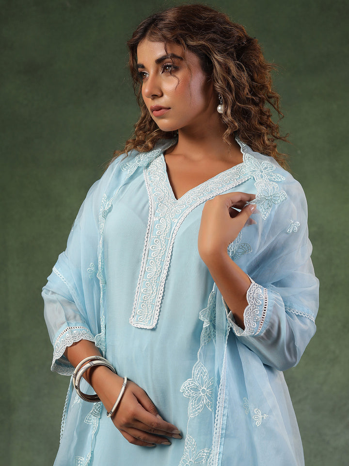 Blue Cotton Blend Embroidered Straight Suit Set